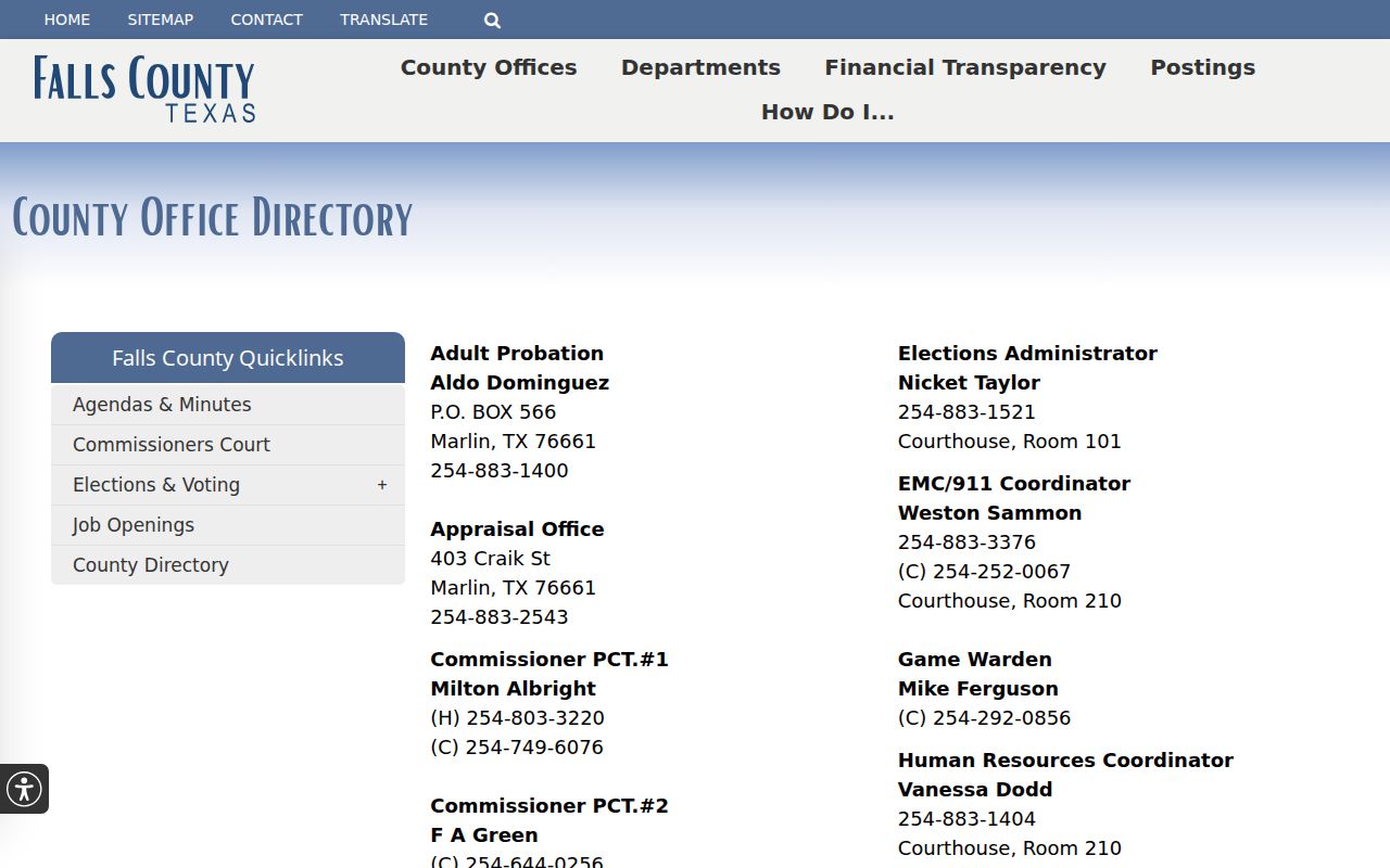 Falls County court docket contact directory for county offices