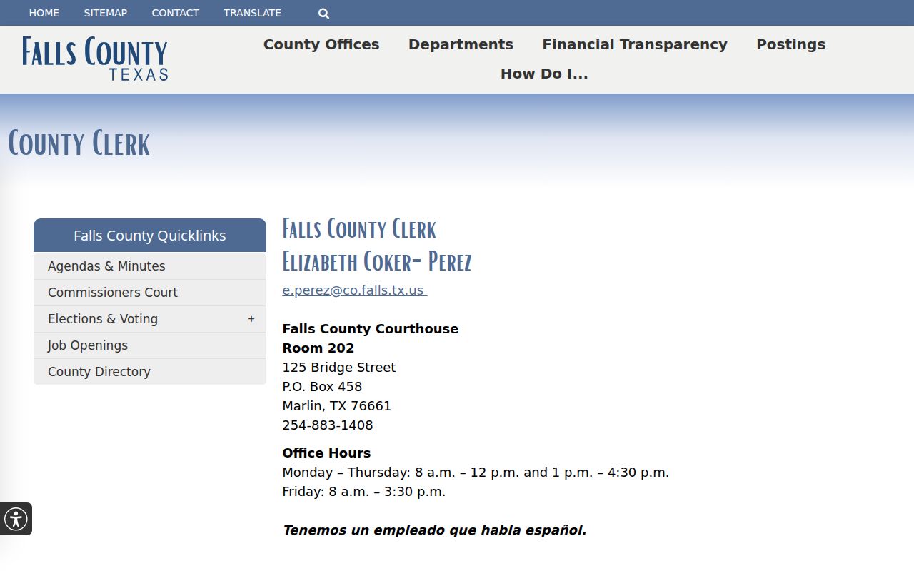 Falls County court docket access on the official County Clerk page